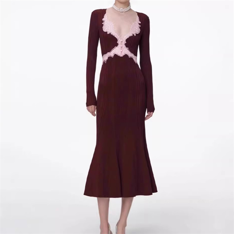 Nouvelle Robe Longue Tricotée Femme Printemps à Col Carré et Dentelle, Manches Longues, Coupe Ajustée, Jupe Sirène Longue, Haute Qualité, Tendance et Sexy