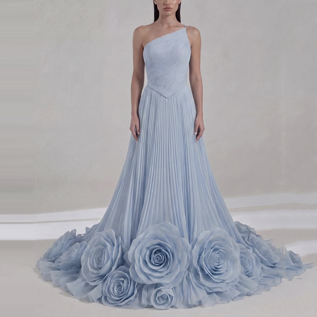 Robes pour femmes bleu ciel, asymétriques à une épaule, coupe trapèze, magnifiques robes de bal, avec bas de robe à motifs floraux, plissées, longues robes de soirée, personnalisables