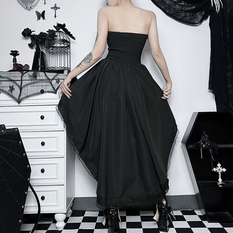 Robe Gothique en Dentelle Noire pour Femme, Tenue Asymétrique, Vintage, Taille artificiel astique, Plissée, Tambours