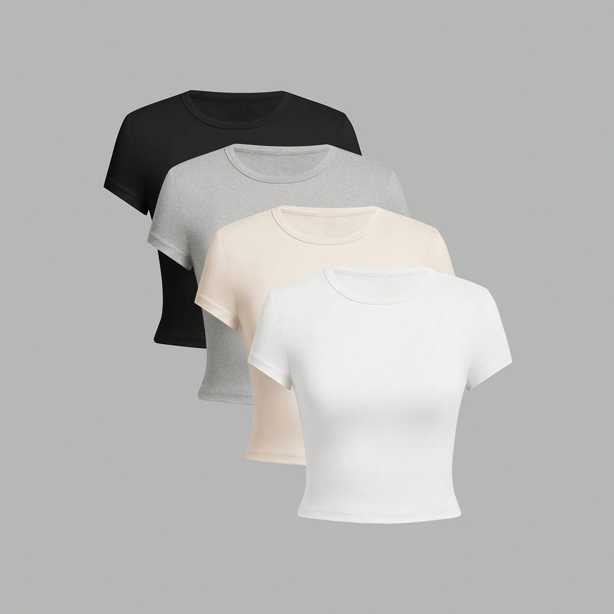 Lot de 4 T-shirts ajustés à manches courtes de couleur unie pour femme – Style décontracté et minimaliste pour l'été – Col rond
