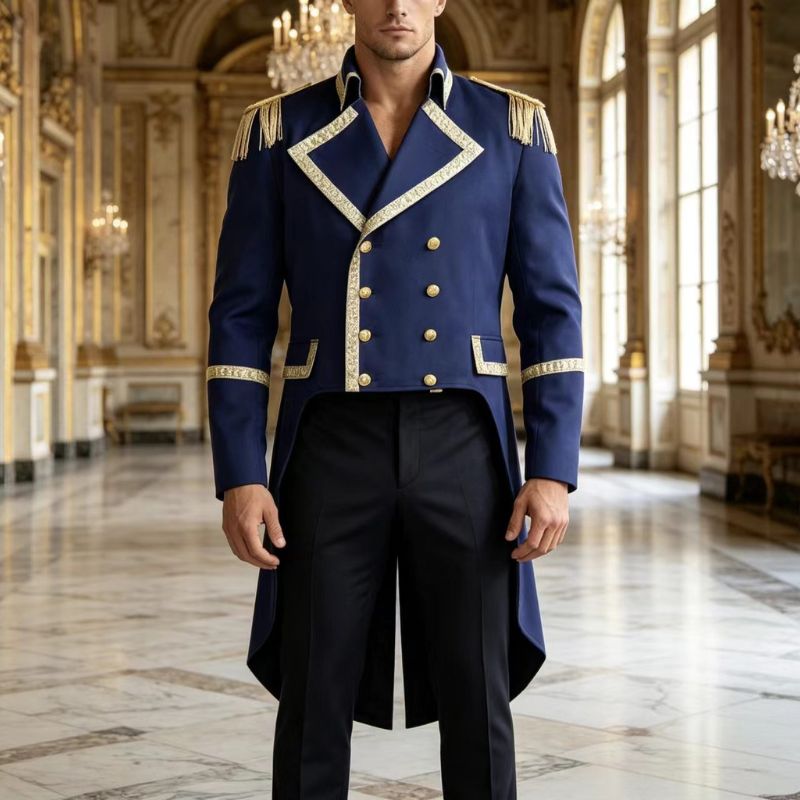Veste de costume militaire double boutonnage pour homme, style frak royal victorien, avec garniture dorée, pour Halloween, cosplay et spectacle