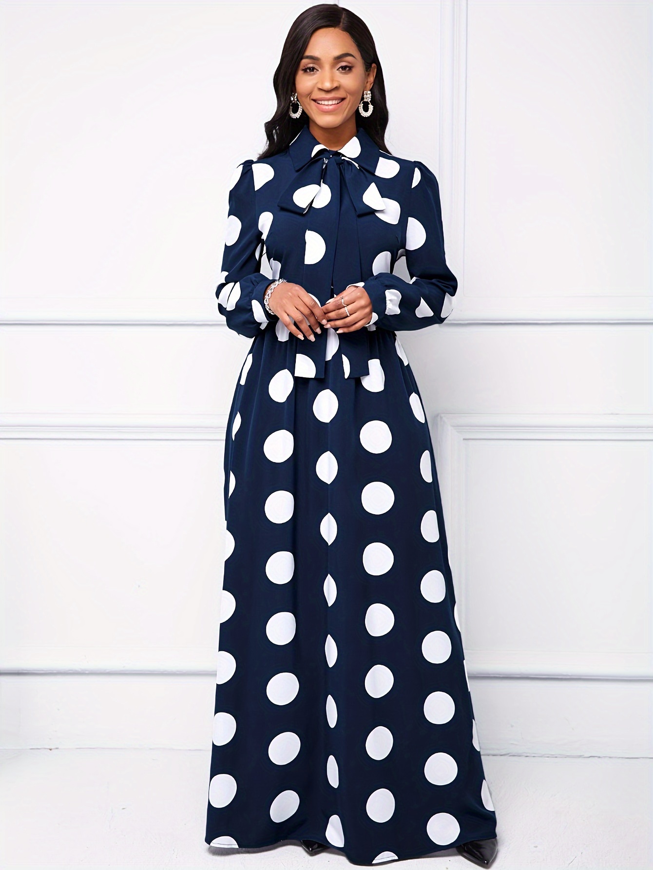 Robe maxi à manches longues pour femmes, robes décontractées pour femmes, robe élégante pour filles, nœud papillon, pois, éducatif