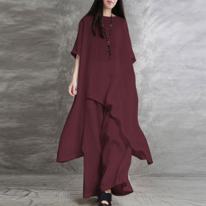 Ensemble pantalon en coton et lin pour femmes, 2 pièces, chemisier ample décontracté à manches mi-longues, couleur unie et taille haute élastique, jambes larges, costumes complets