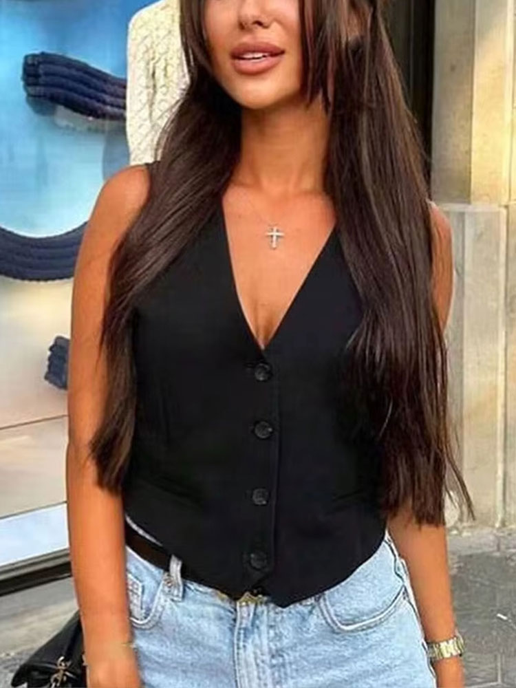 HH – gilet court sans manches pour femmes, élégant, mode, col en v, hauts à simple boutonnage, Slim, Streetwear Y2K, printemps été
