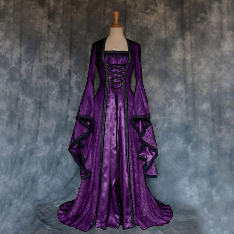 Robe médiévale pour femmes, robe longue à manches trompette, costume de cosplay, robe de sorcière, princesse, tenue d'Halloween