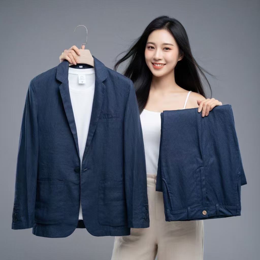 Costume homme printemps-été, ensemble deux pièces en coton et lin, blazer + pantalon, vêtements décontractés pour affaires, vêtements fins et respirants