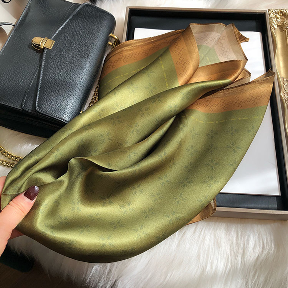 Foulard carré imprimé vert foncé, motif Floral uni, foulard Simple en Imitation soie, Bandana élégant pour femmes, foulard de tête