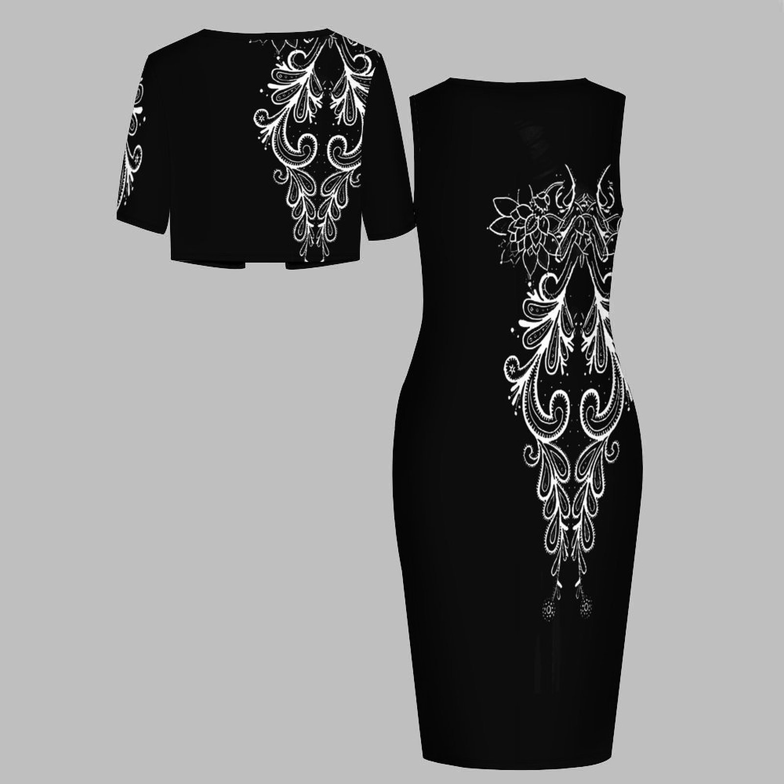Ensemble deux pièces élégant pour femme grande taille : haut imprimé, gilet, robe et manteau à manches courtes, col rond – Idéal pour invitées de mariage