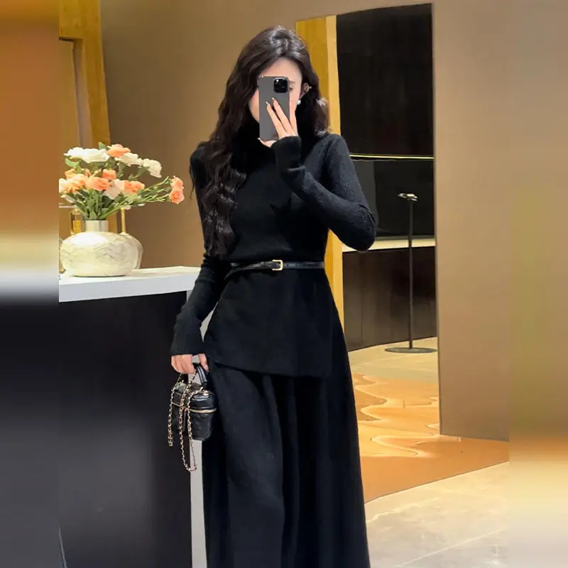 Ensembles de jupes à col haut pour femmes, pull à manches longues paresseux, jupes longues, olympiques chics design, vêtements de bureau pour femmes, 2 pièces