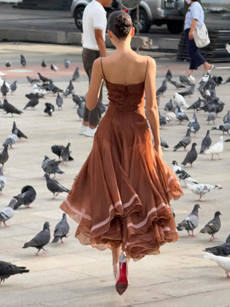 Robe longue en mousseline pour femme avec ourlet en dentelle, sans manches, taille cintrée, ourlet asymétrique à volants, Robe de soirée formelle pour femme 2026