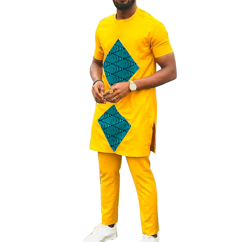 Ensembles de haut en Patchwork imprimé losange pour hommes, costumes africains en coton jaune, tenues masculines, t-shirts avec pantalons, vêtement de mariage personnalisé