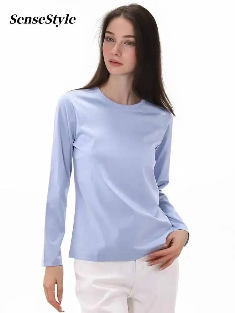 T-shirt à manches longues en coton et soie de mûrier pour femmes, 6% de soie, col rond, col en V, lisse, basique, ample