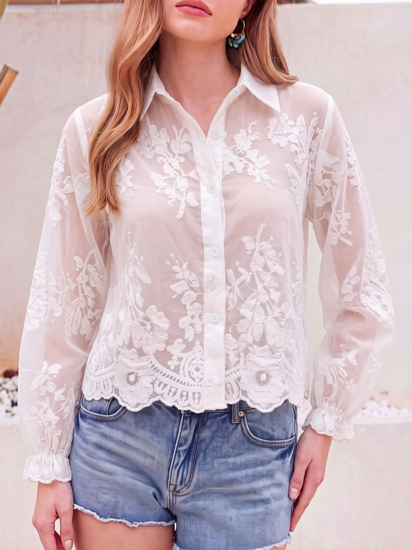 Chemise courte pour femme en coton 100% avec broderie florale 3D en dentelle