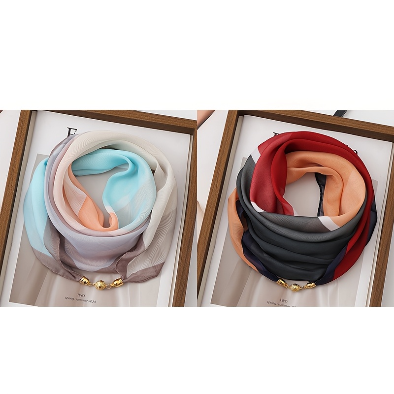 Écharpe fine élégante |   Fermeture magnétique |   100% polyester |   Tissu effet mousseline |   Résistant au vent |   Design imprimé |   Vêtements pour femmes printemps-été