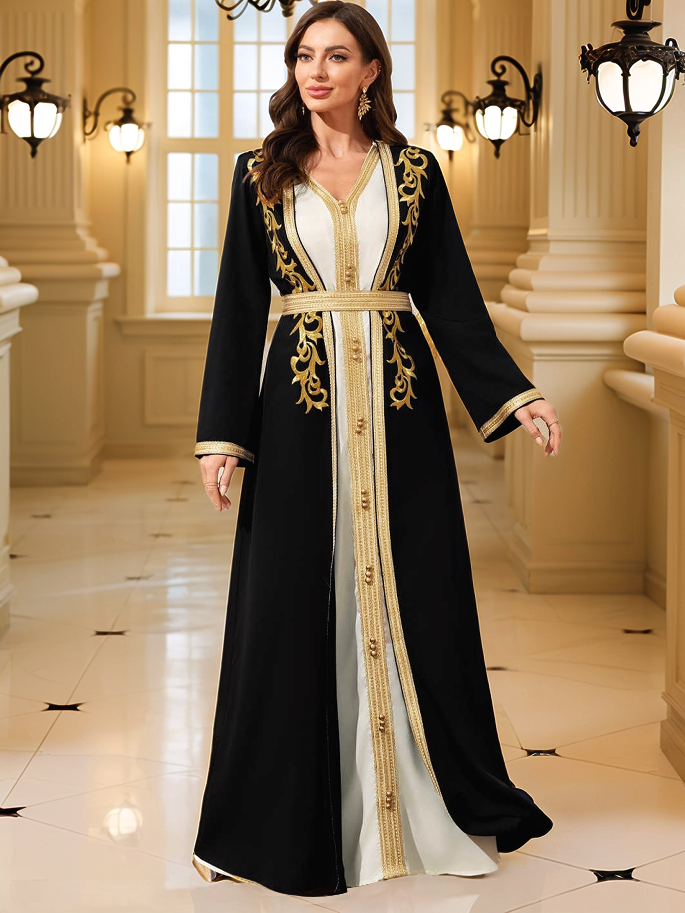 Robe musulmane du moyen-orient pour femmes, caftan marocain Abaya, Robe Eid brodée en or, robes islamiques