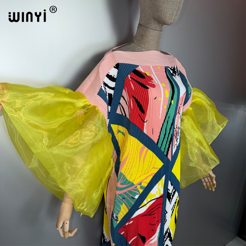 WINYI robe plissée à manches bulles bohème vêtements de plage caftan abaya dubaï robe de soirée de luxe longue robe de soirée femme musulmane