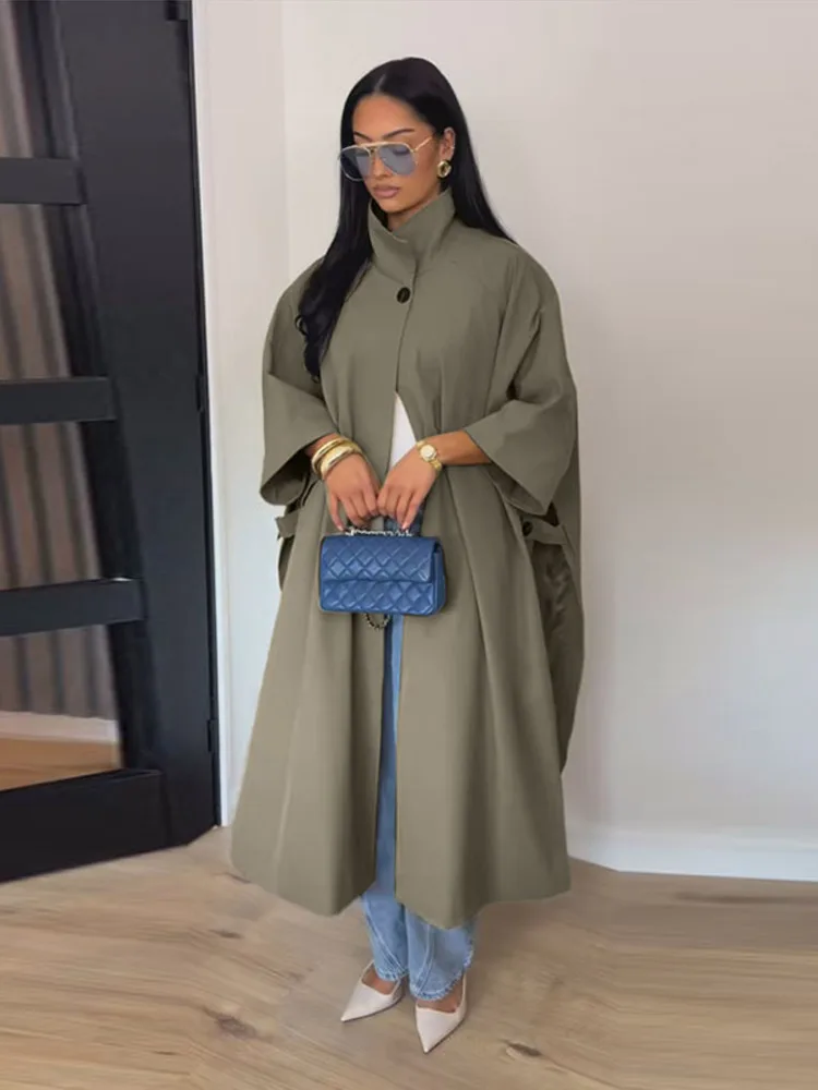Manteau long trench-coat kaki à col montant pour femme, coupe ample, bouton unique, manches mi-longues, fente latérale, coupe-vent, 20260, vêtements d'extérieur automne pour femme
