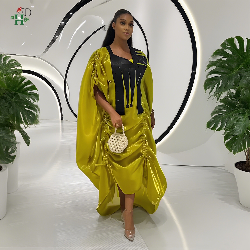 H & D femmes africaines grande taille vêtements nouveauté col en v manches chauve-souris brodé froncé Robe irrégulière Robe de mariée Robe Bubu