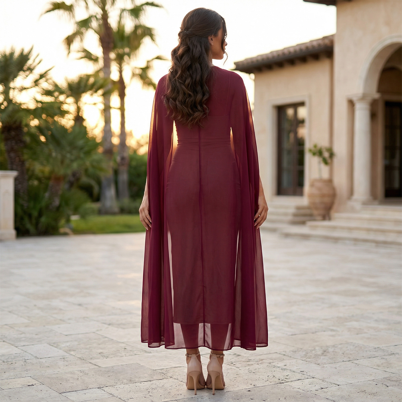 Cape transparente bordeaux avec pantalon taille haute assorti, capes et châles élégants pour femmes, tenue de soirée, poncho châle pour femmes