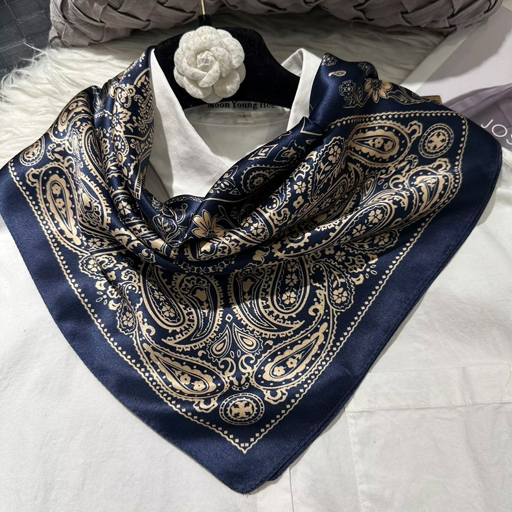 Foulard carré rétro en soie bleu marine, foulard pour femmes et hommes, Design Plaisley élégant, 100% foulards carrés en soie, foulards de cou 65cm x 65cm