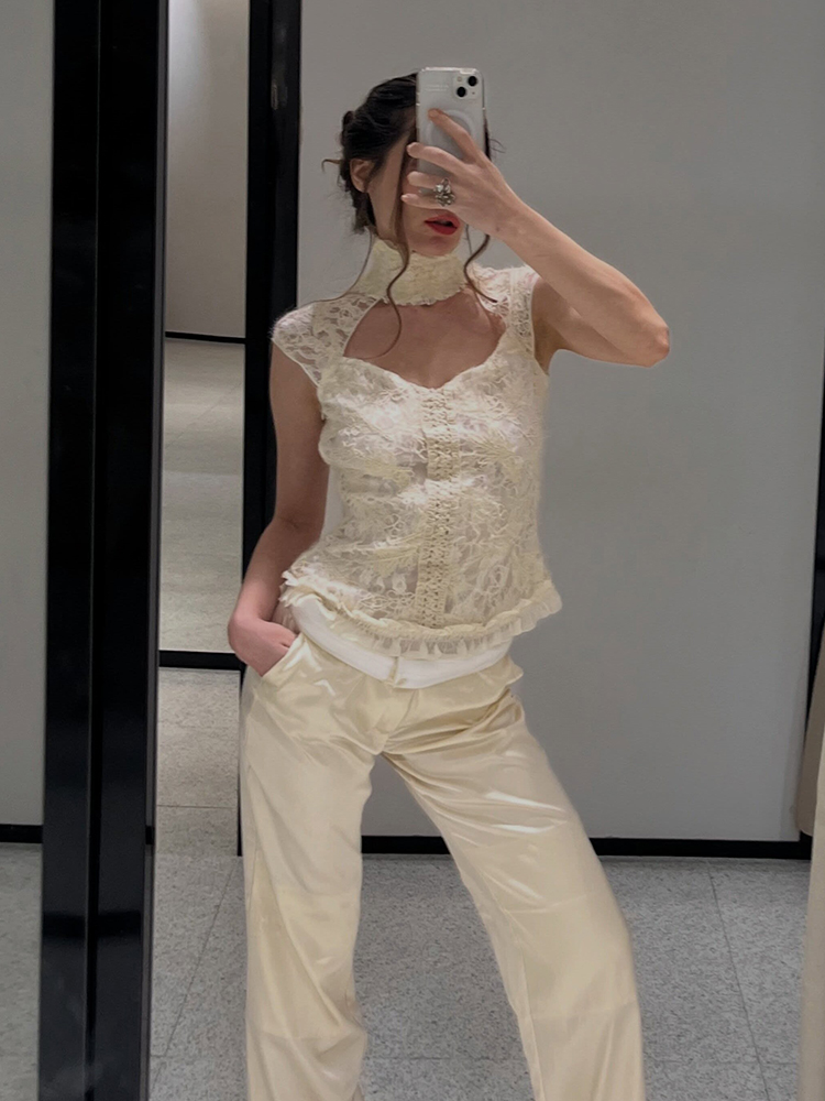 Chemisier Femme Chic Vintage à Col Montant, Sans Manches, en Dentelle, avec Découpes au Dos et Ourlet à Volants, Coupe Ajustée, Idéal pour Soirées et Vacances