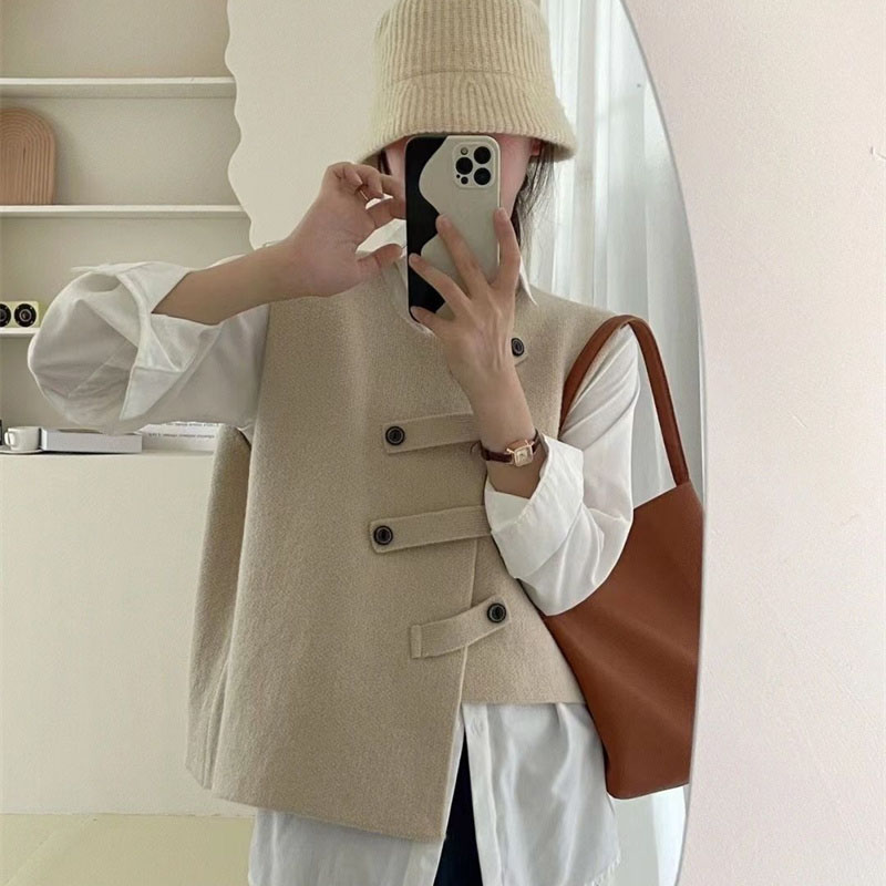 Femmes coréennes col rond gilet Cardigan 2025 dames couleur unie gilet vêtements d'extérieur automne hiver femme irrégulière sans manches manteau