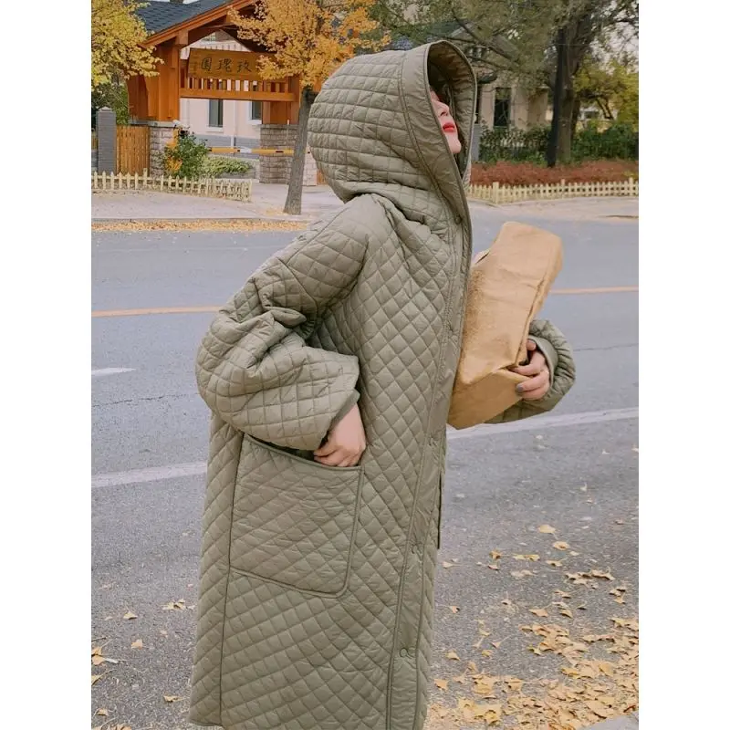 Manteau en duvet de coton de longueur moyenne à capuche pour femme, manteau coupe-vent à grande poche, mode coréenne, automne et hiver