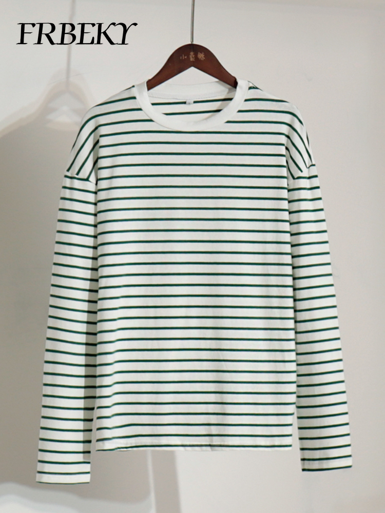T-shirt Rayé à Manches sulfpour Femme, Chemisier Décontracté, Col Rond, en Coton, Harajuku, Nouvelle Collection Automne 2024