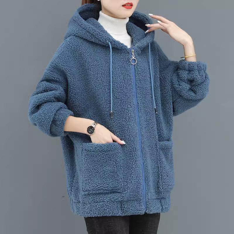 Manteau à capuche pour femme, chic, en polaire épaisse, couleur unie, avec poches, manches longues, coupe ample, chaud, en peluche, fermeture éclair, cardigan, pour l'extérieur, automne-hiver, nouveauté