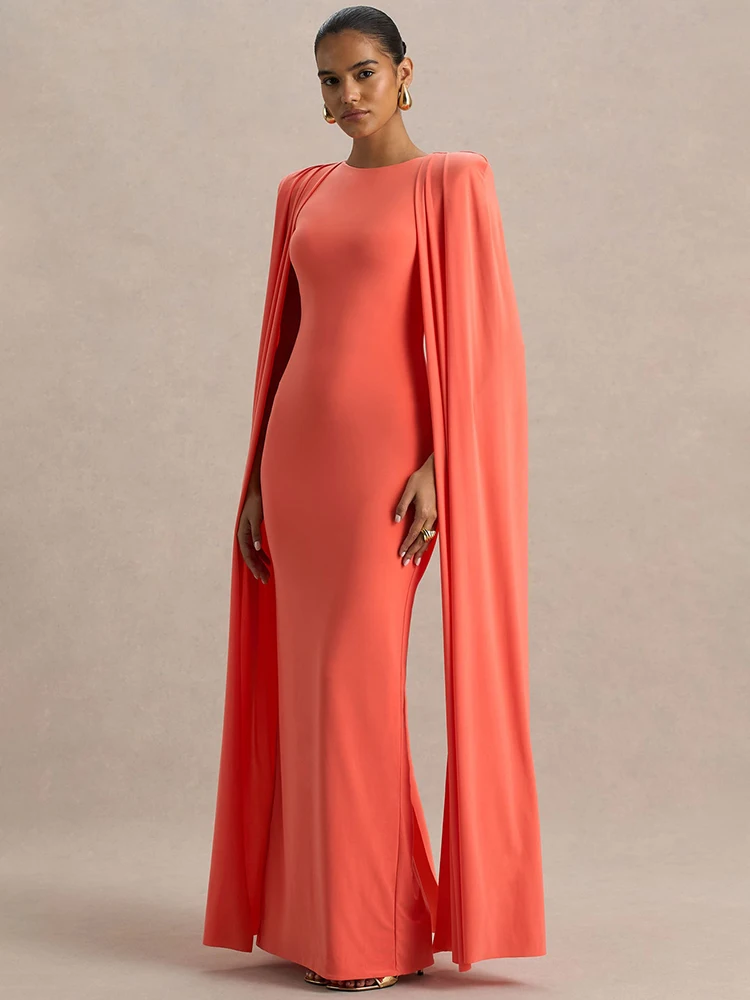 Cape manches Sexy robe Maxi femmes robe élégante mode fermeture éclair col rond taille haute fendu Club fête longues robes femme