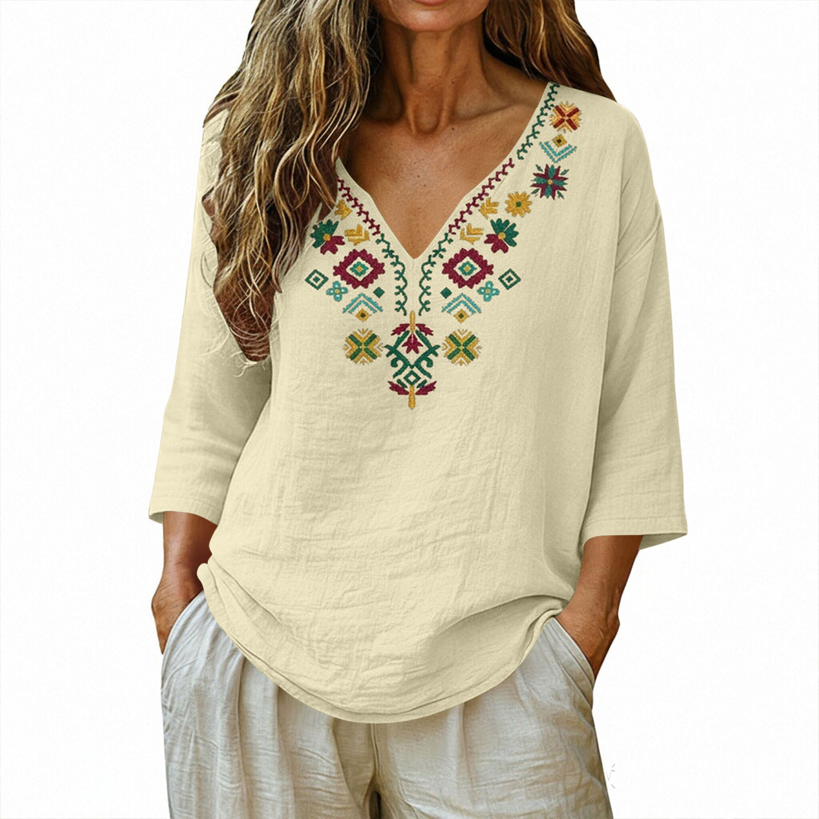 Chemisier Bohème Brodé Col V pour Femme, Manches 3/4 Unies en Coton et Lin, Haut Décontracté, Broderie Florale Ethnique, Tunique Ample d'Été