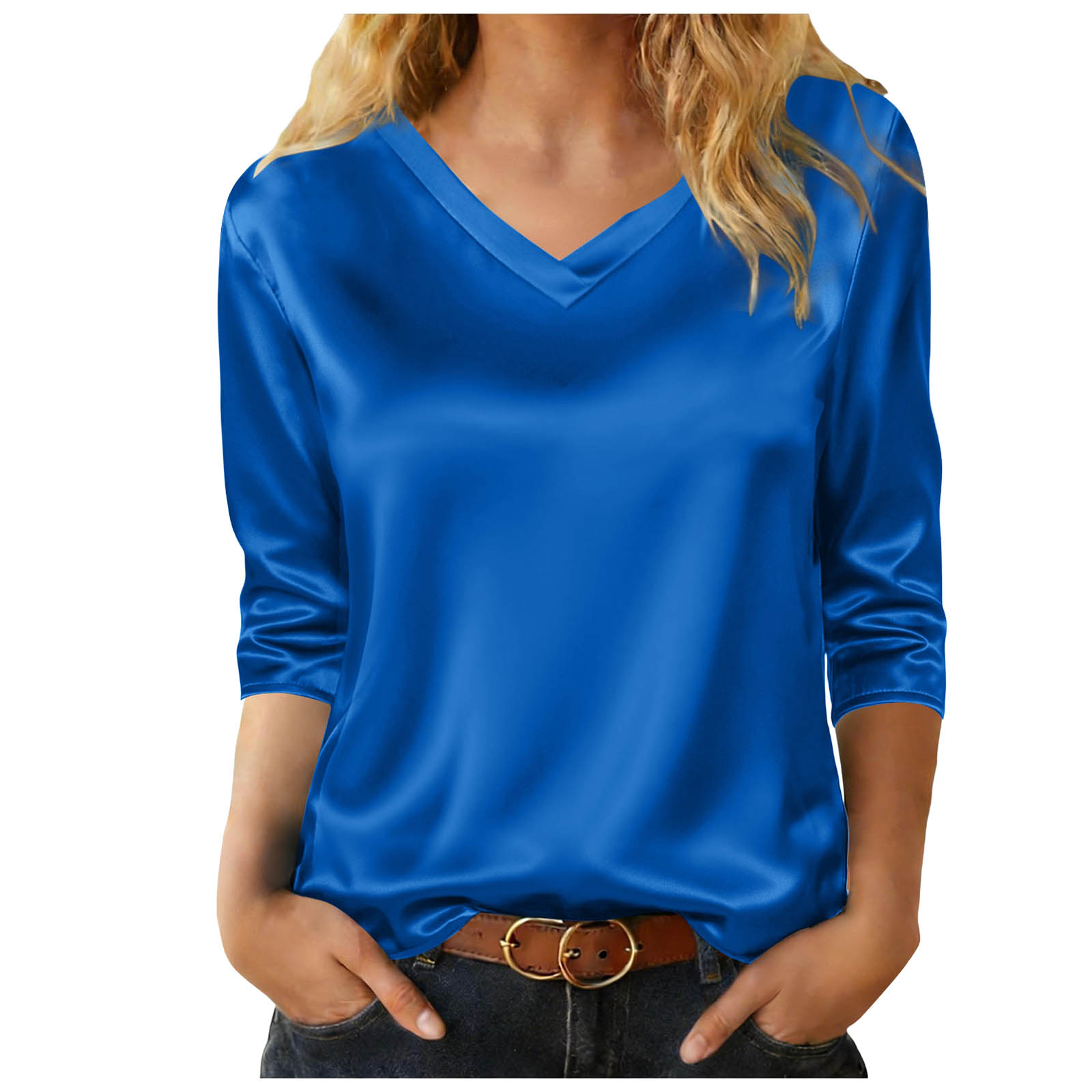 Chemise en satin de soie pour femmes, élégante et décontractée, col en V, manches 3/4, tunique, hauts unis, chemises de travail pour femmes de bureau, chemises décontractées pour le travail