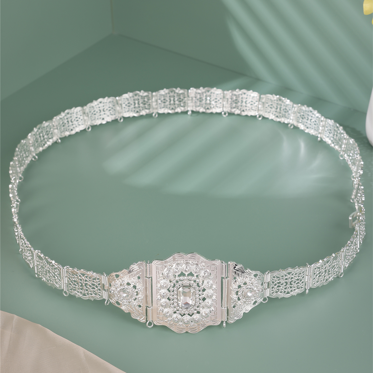 Chaîne de corps pour robe de mariée marocaine, bijoux de caftan à fleurs ajourées, ceinture de mariée plaquée or, chaîne de taille en cristal