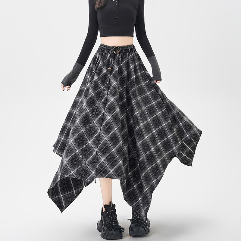 Jupe à carreaux taille haute élastique pour femmes, ligne A, mi-longue, Style coréen, mode rétro polyvalente, jupe irrégulière d'automne
