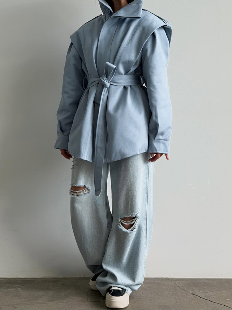 Manteau court à col châle pour femmes, ceinture à nouer à la taille, simple boutonnage, coupe ample, décontracté, en coton uni, veste chaude pour les trajets quotidiens.