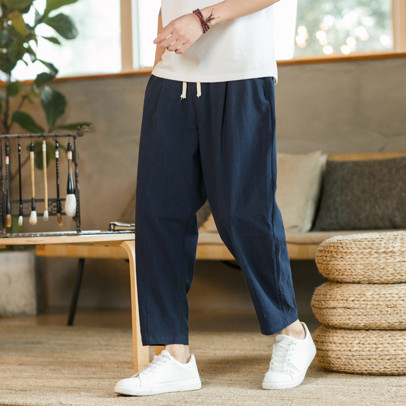 Pantalon décontracté en coton et lin pour homme, couleur unie, respirant, coupe droite, avec cordon de serrage, style streetwear