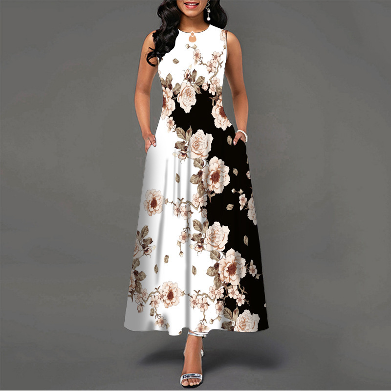 Robe longue décontractée rétro pour femmes grandes tailles avec poches, imprimé floral, robe swing
