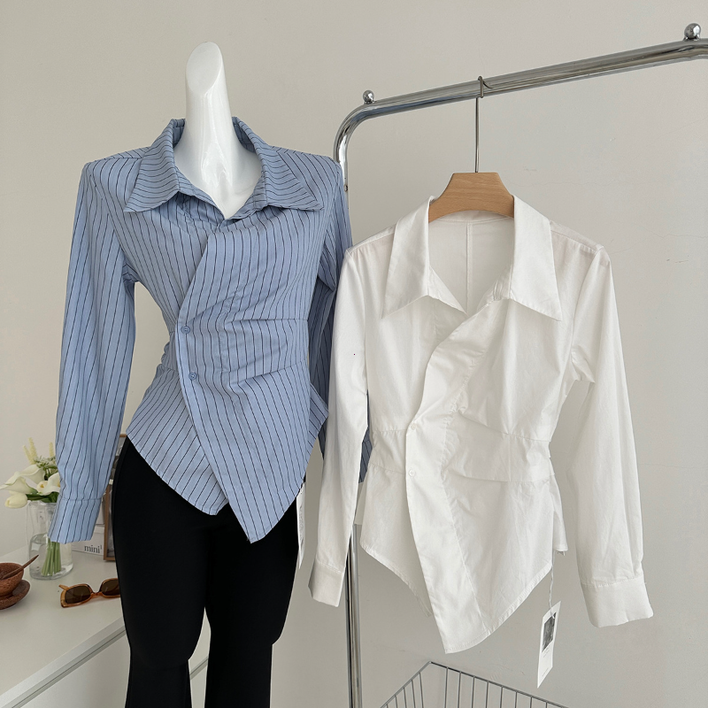 Chemises rayées élégantes pour femmes, chemisiers blancs irréguliers Vintage pour dames, manches longues coréennes, boutons chics, Design Slim, hauts, nouveau