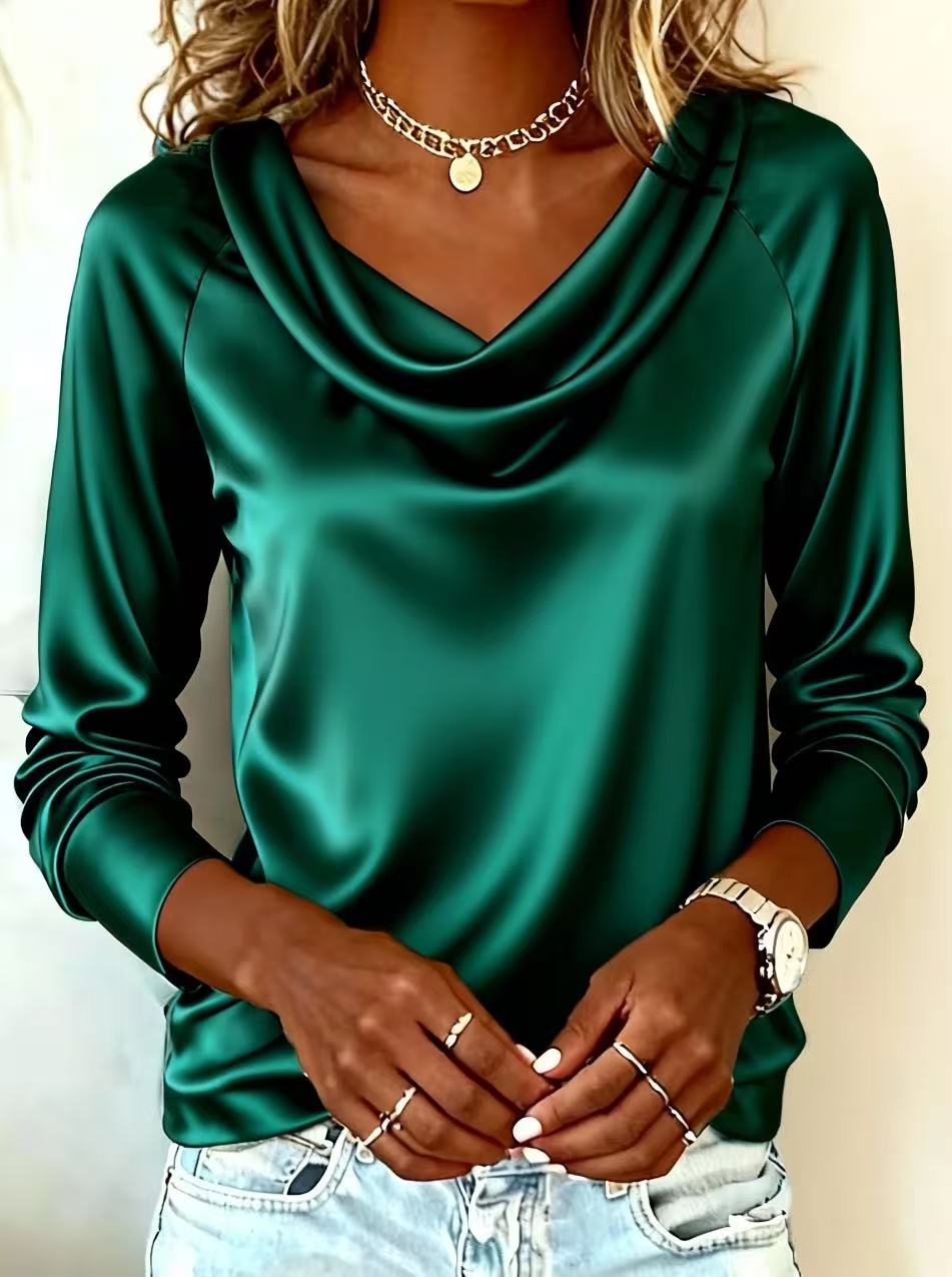 Chemise à manches longues en satin pour femme - Col bénitier - Couleur unie - Soie - Style haut - Pour un look décontracté et de bureau