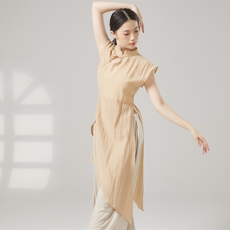 Costumes de danse classique pour femmes, Vintage, col Qipao, hauts Hanfu, robe longue, chemise à manches courtes, ourlet irrégulier, vêtements de Performance