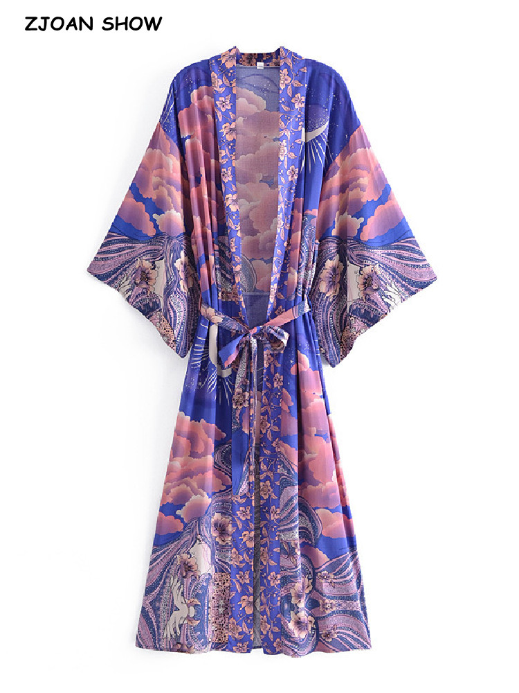 Chemisier Kimono Bohème pour Femme, Imprimé Floral et Lune Bleue, Style Plage BOHO, avec Nœuds, Cardigan Long Maxi, Blouse de Vacances