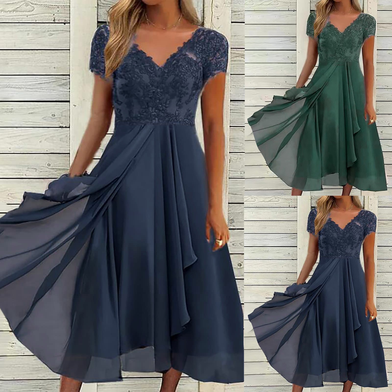 Robe longue en mousseline de soie pour femmes, robes de Rhcreuses, robes de soirée à manches courtes, col en V, panneau en dentelle, ligne A, demoiselle d'honneur, dames