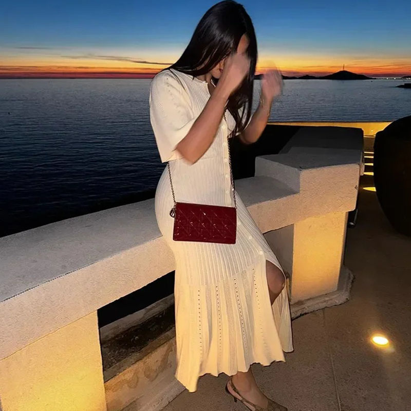 Mode Patchwork plissé Maxi robe femmes élégant à volants ourlet tricoté longue robe femme 2025 nouveau été soirée robes