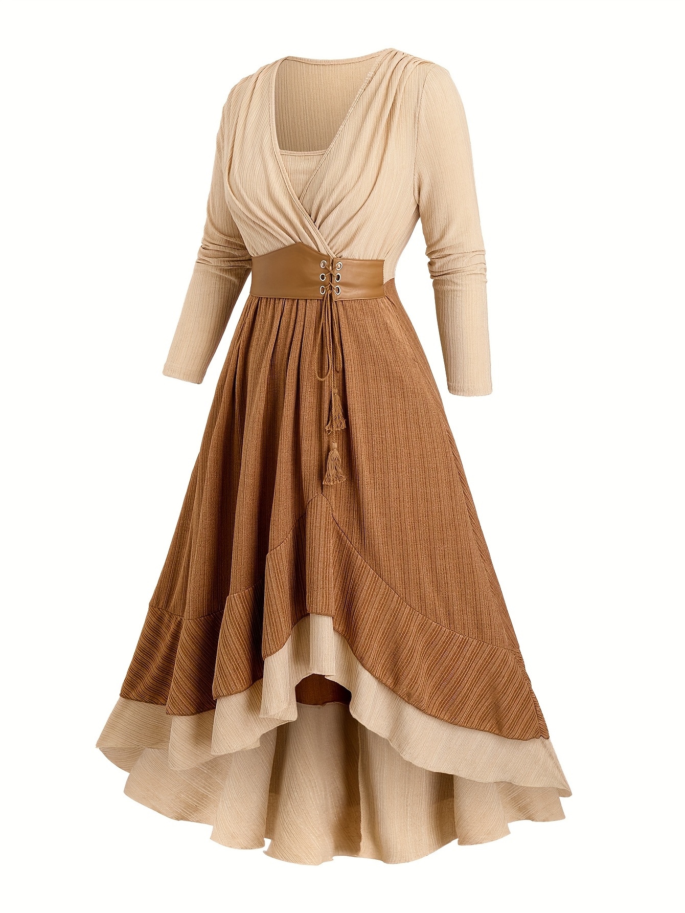 Robe grande taille pour femmes, mode européenne et américaine, avec patchwork, cravate, corde de chanvre, poches à pompons, ourlet à volants et nervuré