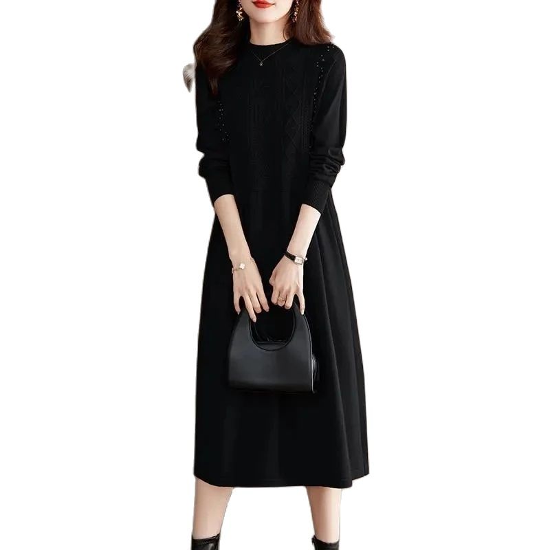 Nouvelle Robe Pull Tricotée Femme Printemps Automne 2026 Version Mi-Longue Robe Pull Élégante pour Femme Jupe de Base Tendance