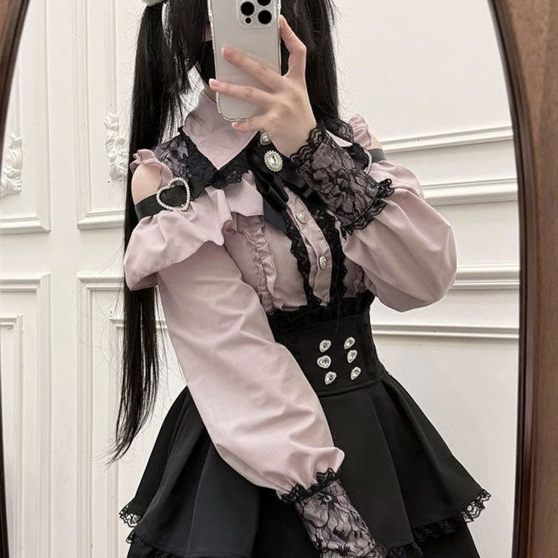 Ensemble chemise et jupe Lolita Jirai Kei pour filles, chemise à manches longues avec nœud Kawaii, jupes noires, style japonais Y2K, ensemble élégant pour femmes