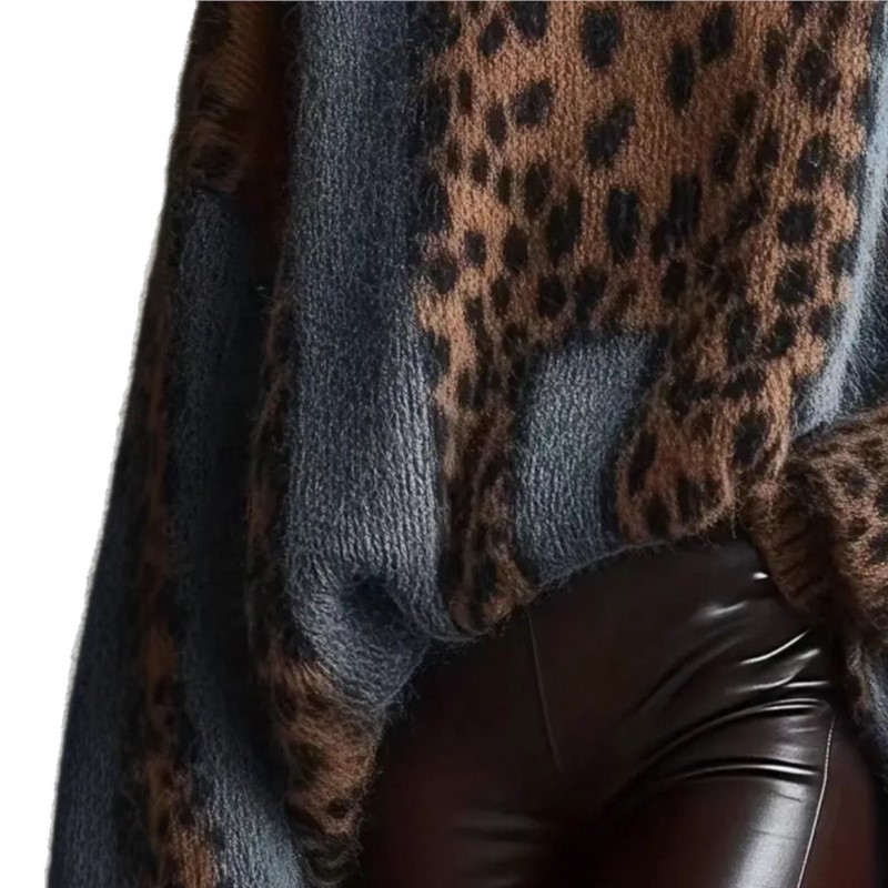 Pull en tricot à imprimé léopard décontracté pour femmes, pull épais et ample rétro pour l'automne et l'hiver