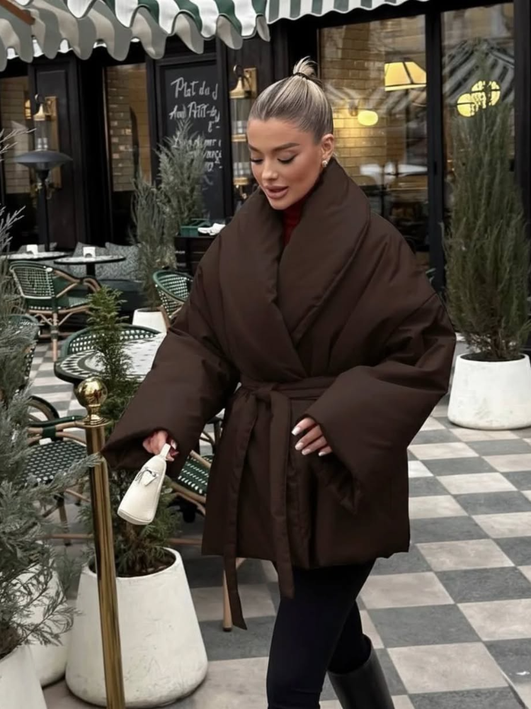 Veste matelassée pour femmes, style kimono, col en V, ceinture à nouer à la taille, manches longues, en coton, vêtement d'extérieur décontracté pour l'hiver.