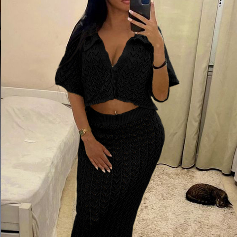 Femmes nouveau Style 2 pièces vêtements de plage couvrir couleur unie tricoté tenues ensemble vacances plage évider crème solaire haut jupe costume