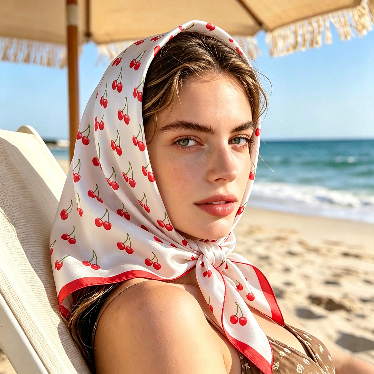 Écharpe carrée en satin de luxe 70x70cm, motif cerise mignon, châle pour femme, petit sac tendance, bandeau pour cheveux, bandana